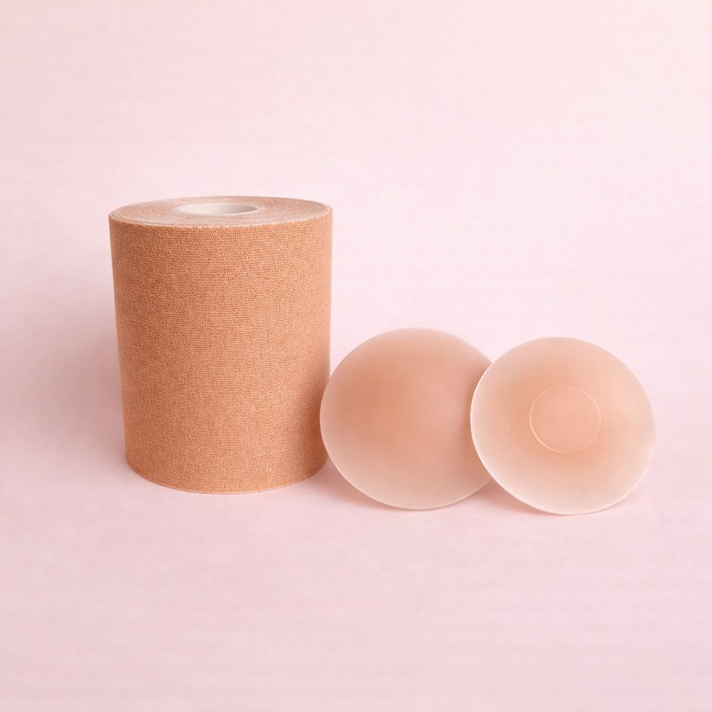 Roll of nude boob tape next to silicone nipple covers on a pink background