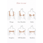 Illustrations showing how to use boob tape with different outfits 