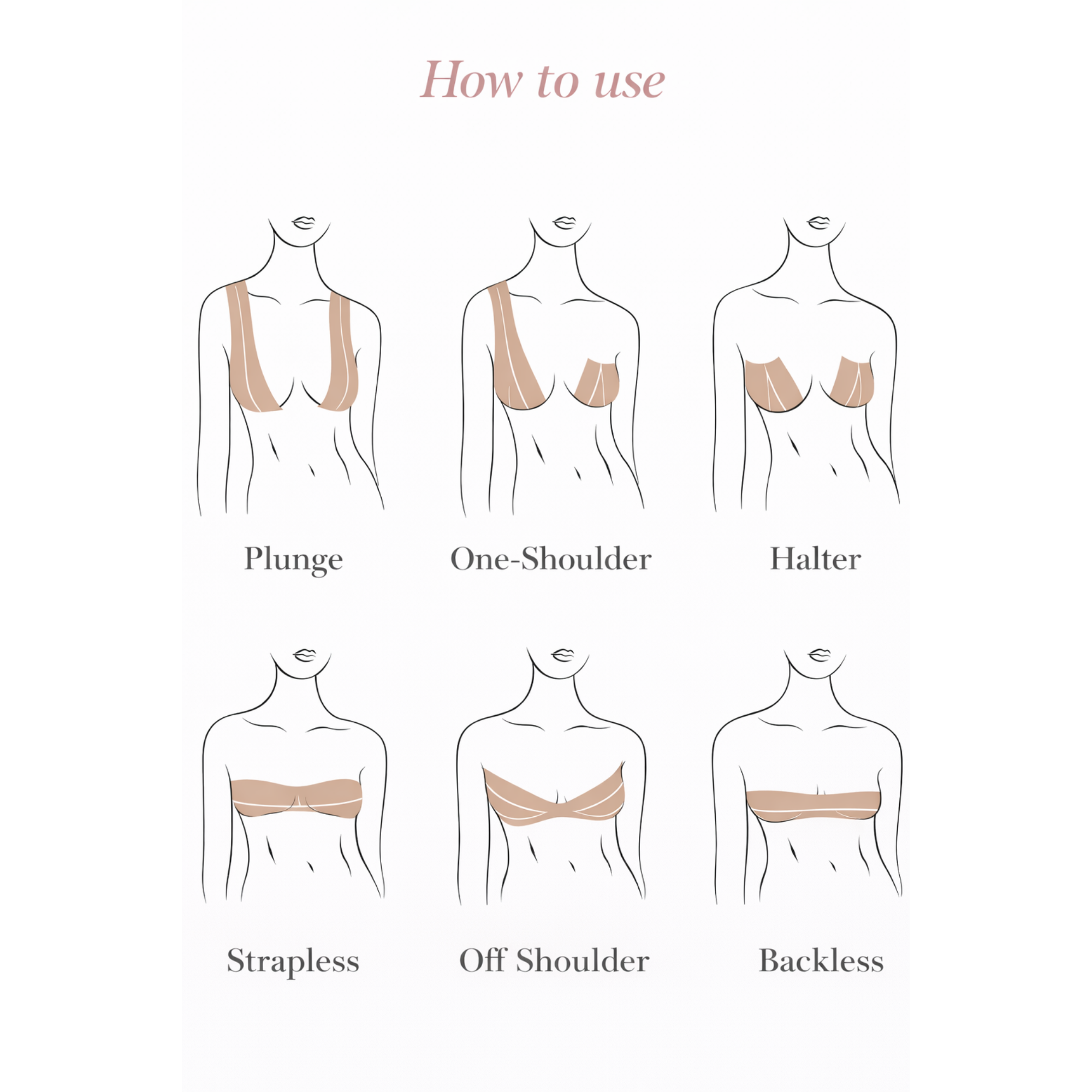 Illustrations showing how to use boob tape with different outfits 