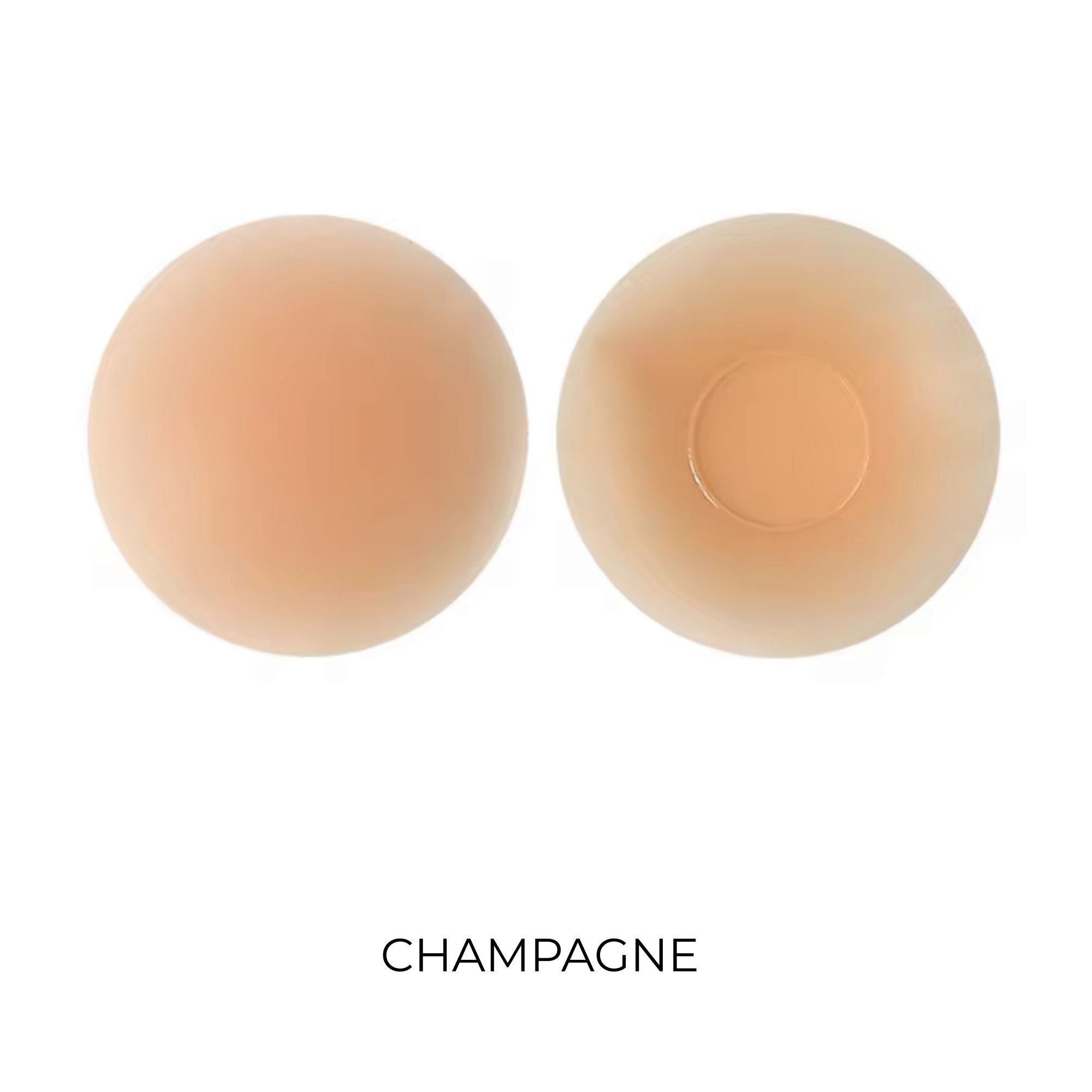 Two champagne-colored silicone nipple covers on a white background 