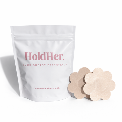 HoldHer packaging with flower-shaped nipple covers and nipple pasties on a white background
