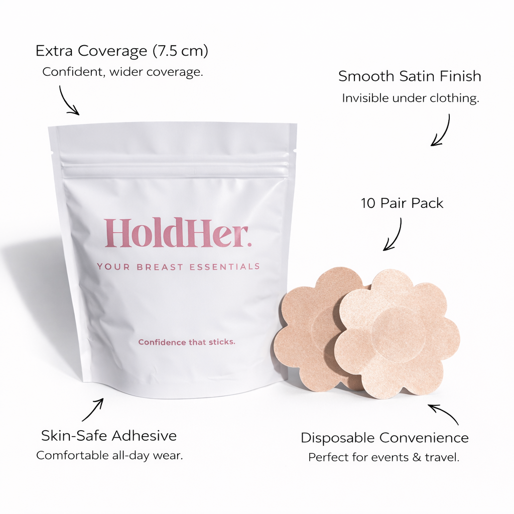 HoldHer disposable nipple covers packaging with features highlighted on a white background