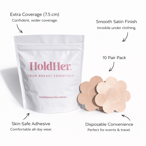 HoldHer disposable nipple covers packaging with features highlighted on a white background