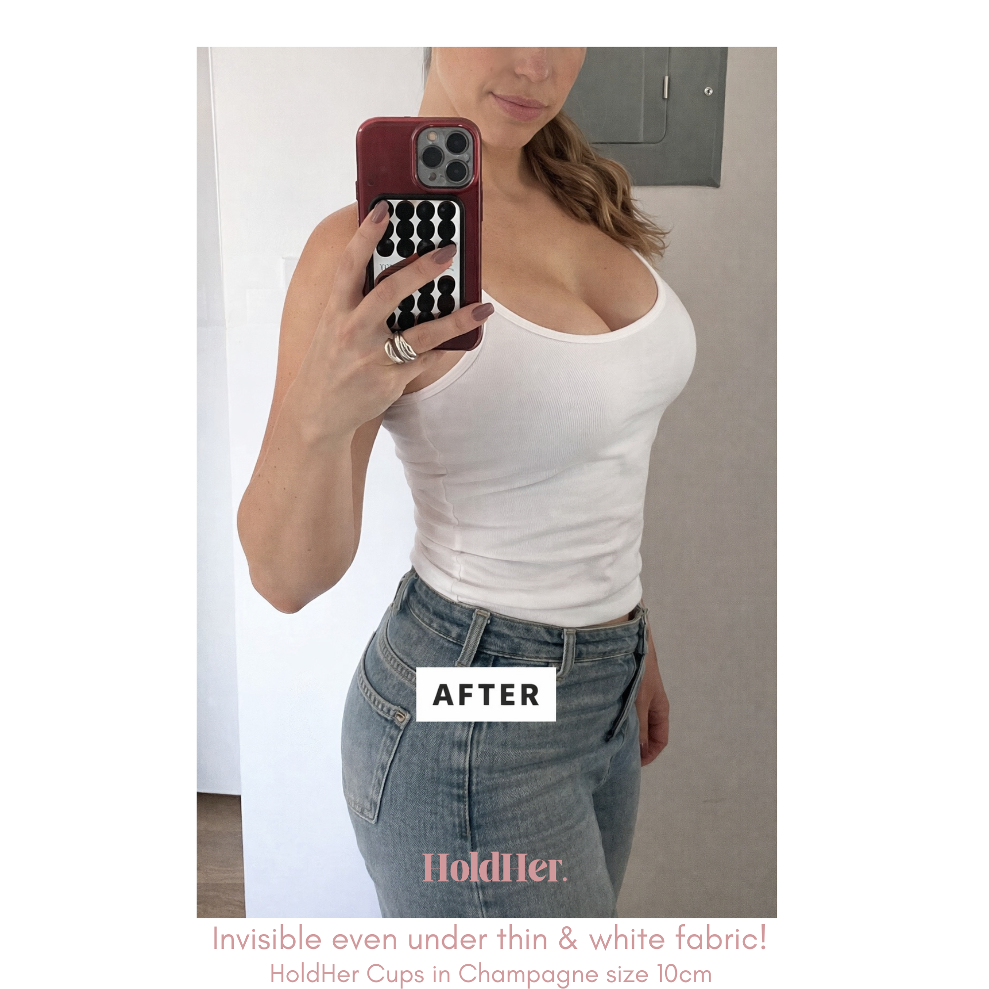 Person taking 'after' mirror selfie wearing seamless nipple covers under her white top