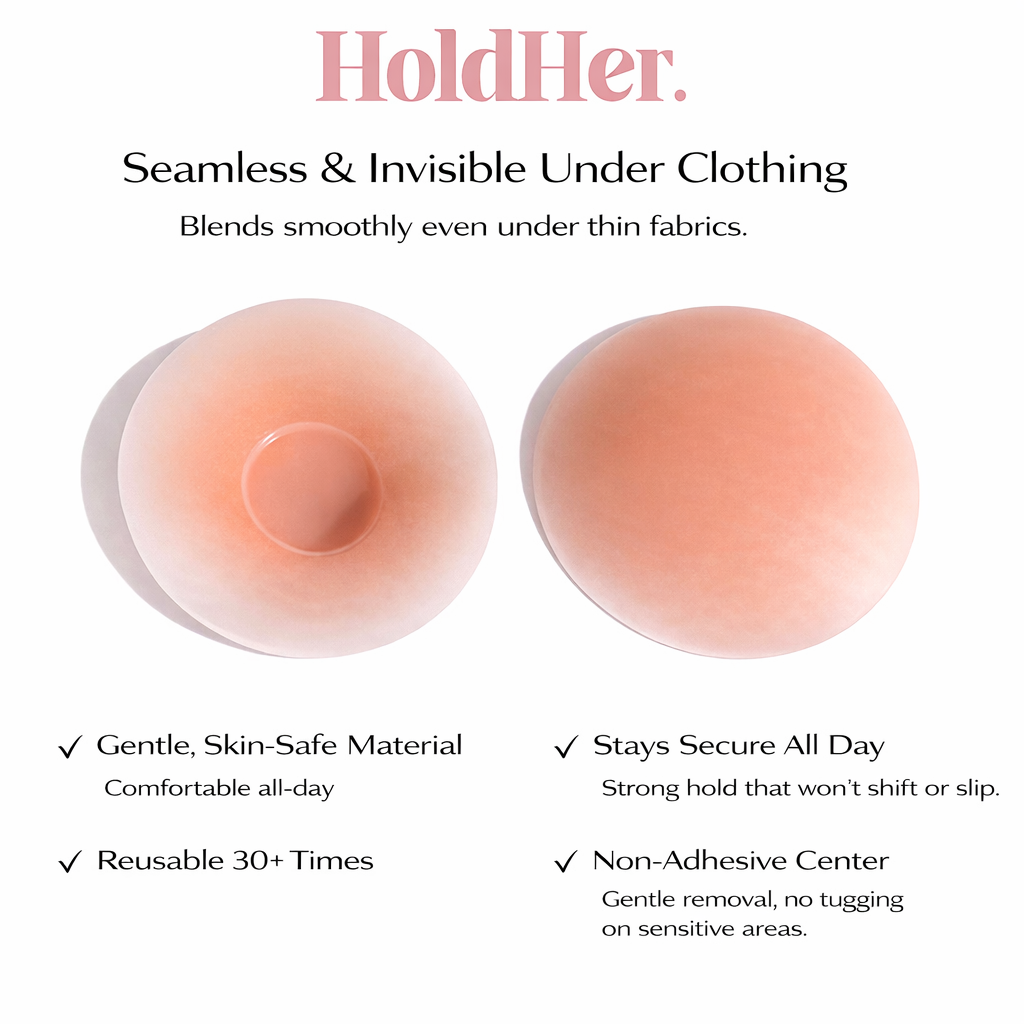Benefits for 'HoldHer' nipple covers seamless and invisible under clothing with product display and features listed.