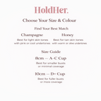Product size and color guide with 'HoldHer' branding on a white background