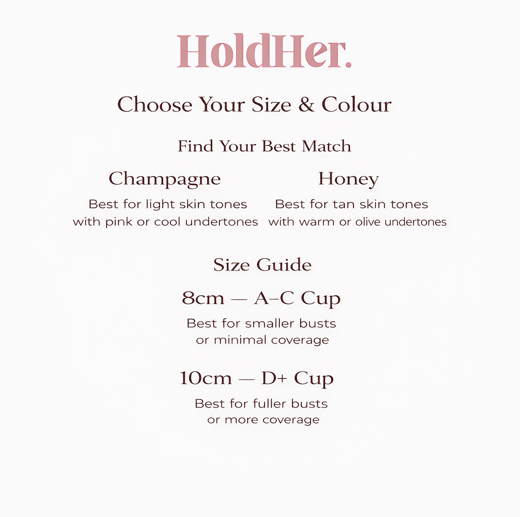 Product size and color guide with 'HoldHer' branding on a white background